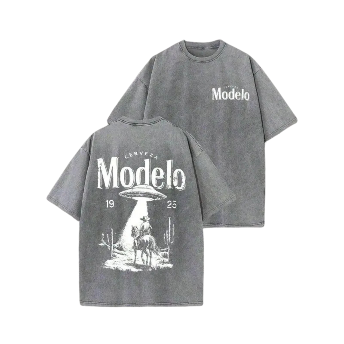 Modelo Out Of This World Western Tee – Retro UFO Cowboy Graphic Shirt