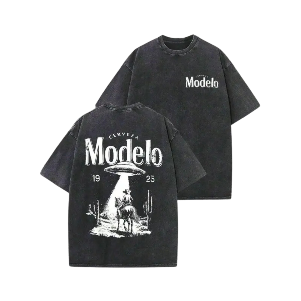 Modelo Out Of This World Western Tee – Retro UFO Cowboy Graphic Shirt