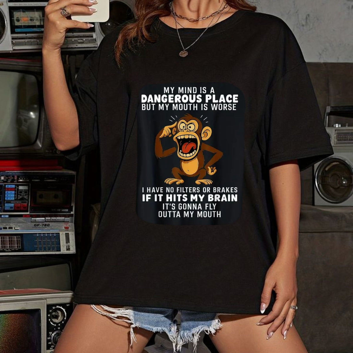 My Mind Is A Dangerous Place T-Shirt – Funny Monkey Graphic Tee, Humorous Party Shirt, Unisex Cotton Top